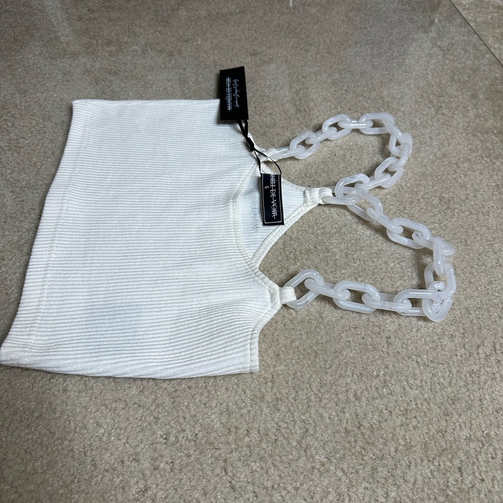 MANIERE DE VOIR WHITE RIBBED CROP TOP WITH ACRYLIC STRAP CHAINS SZ 8 UK SMALL